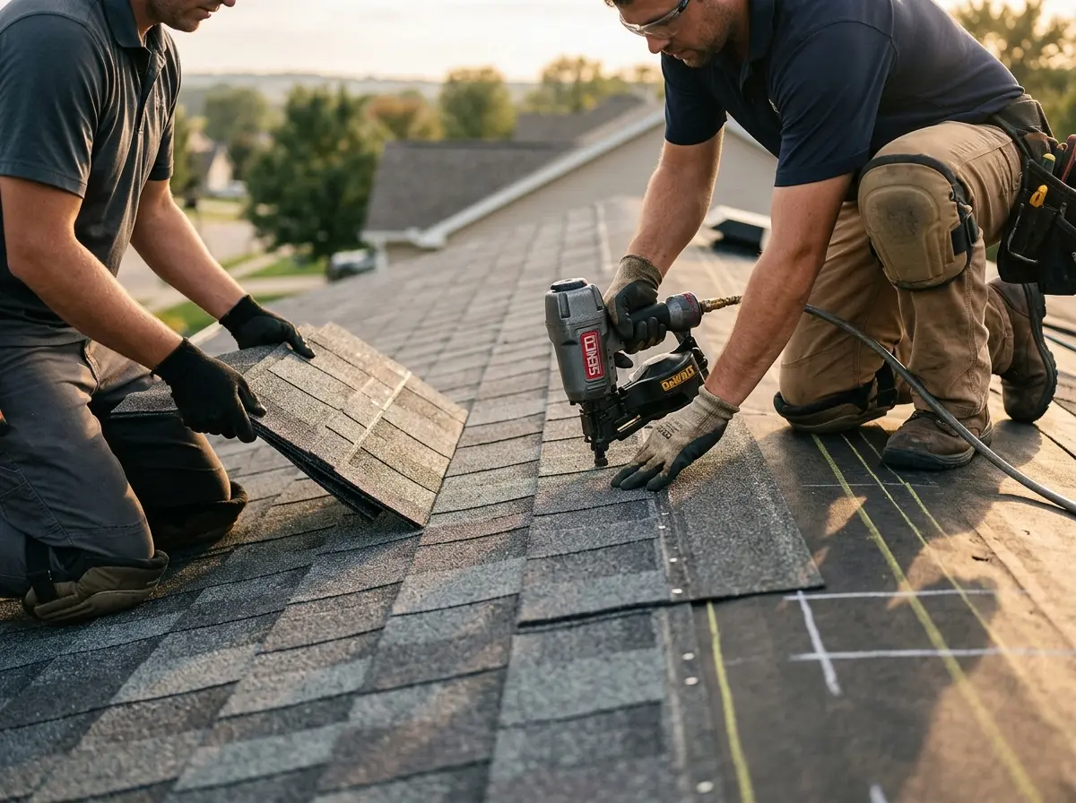 Professional roofer working on a residential roof in Fox Lake